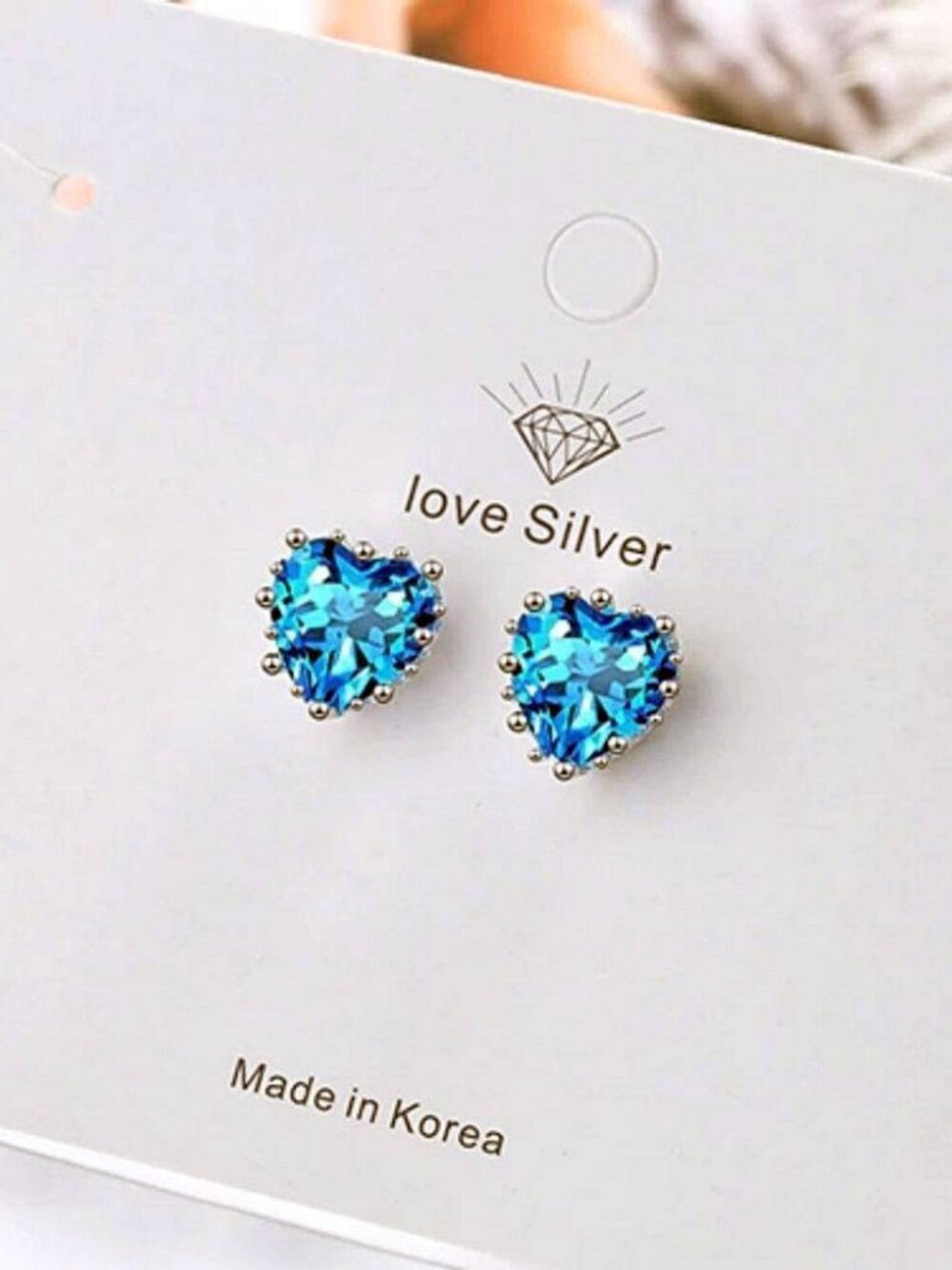 Korean‑Style Blue Heart Cubic Zirconia Stud Earrings Silver‑Tone Sparkly Jewelry